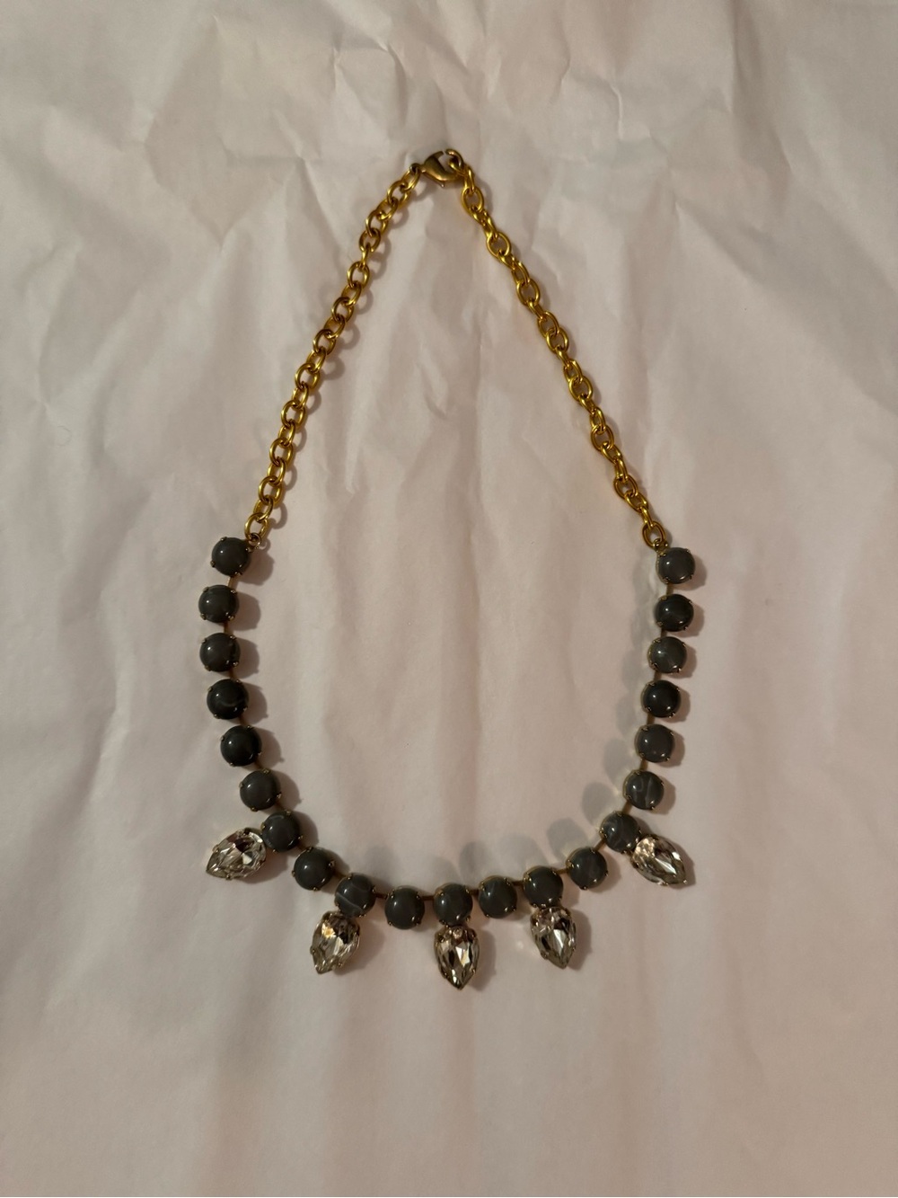 Gold Chain Necklace with Gray Beads and Crystal Pendants